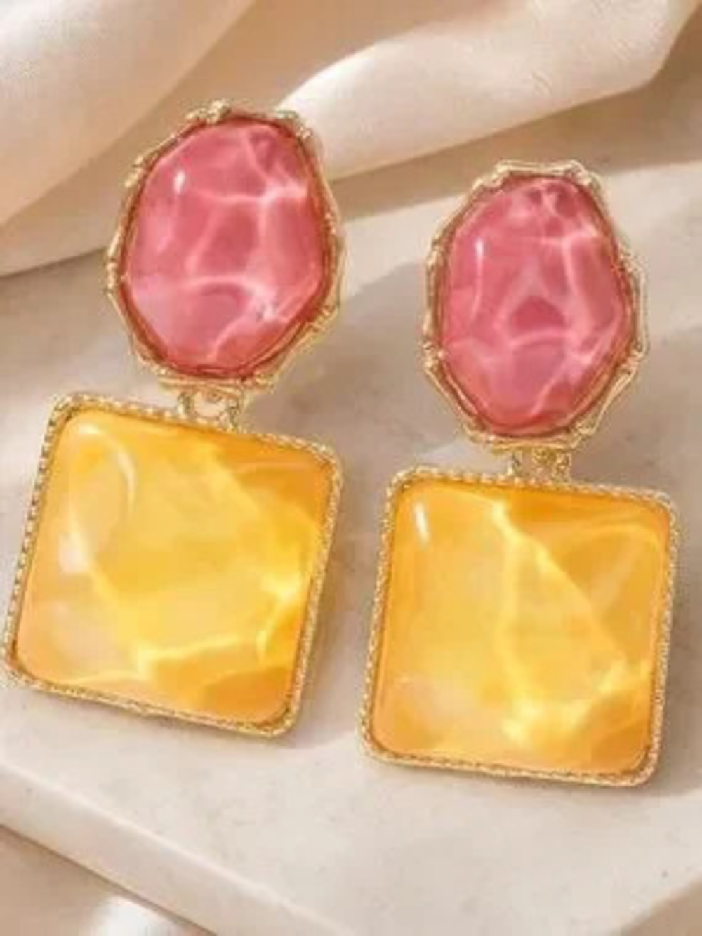 Anthropologie Gold Tone Edged Pink and Yellow Resin Drop Earrings